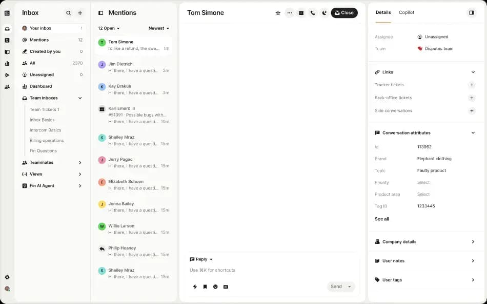 Klyra unified inbox — every customer conversation across email, chat, Slack, and 10+ channels in a single view